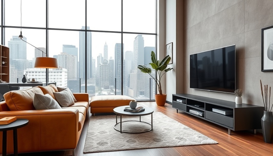 Contemporary living room with smart storage solutions and urban view.