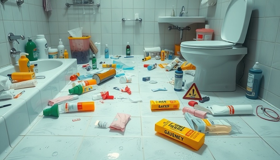 Common bathroom safety mistakes with wet floor and clutter.