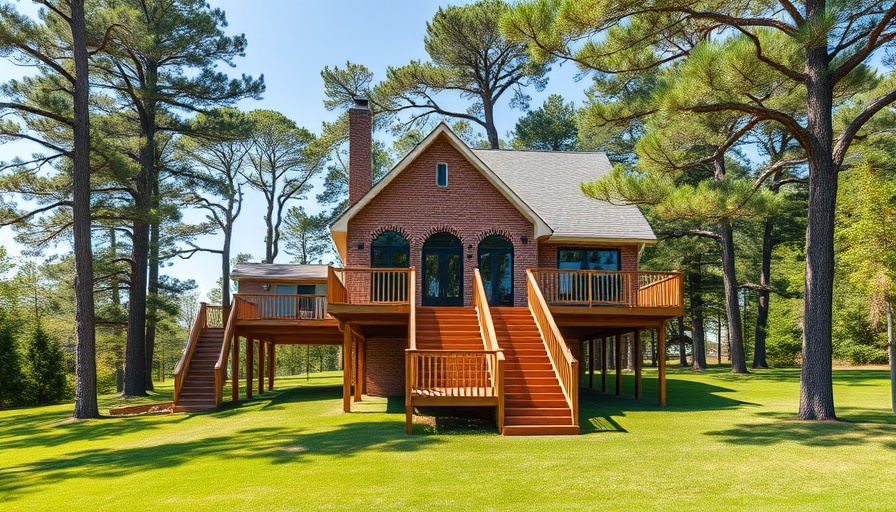 Elevated brick house with large deck in lush setting.
