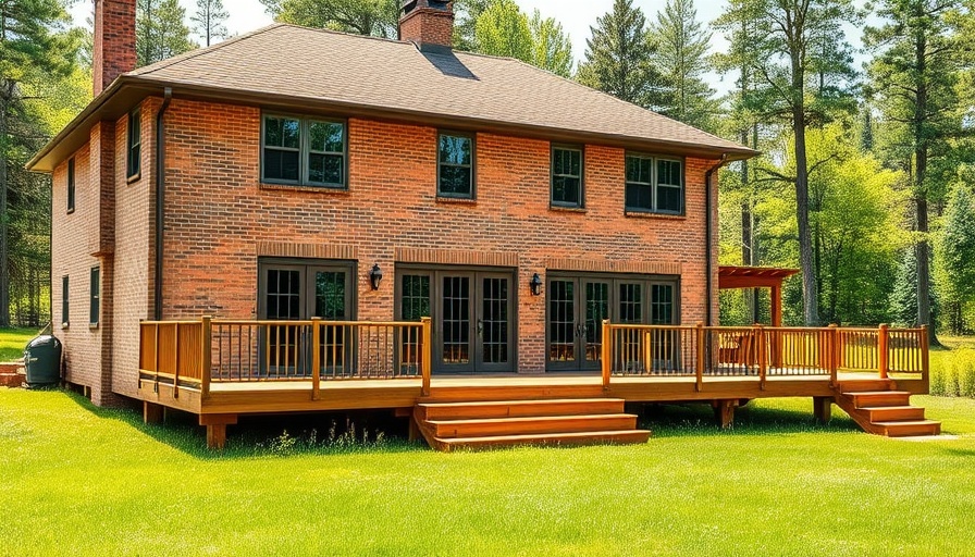 Spacious elevated brick house with large wooden deck, surrounded by green grass.