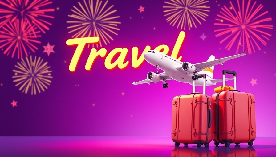 Vibrant travel poster with airplane and luggage, 50% off offer.