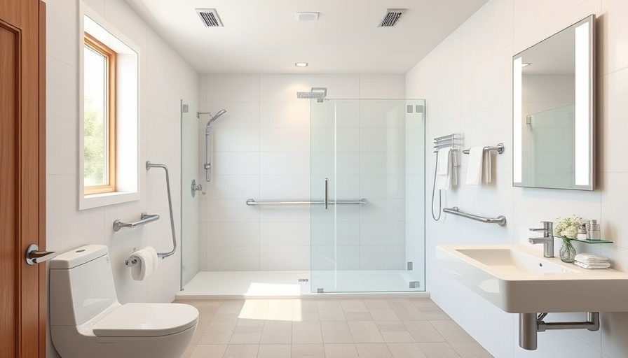 Modern accessible bathroom design with handrails and walk-in shower.
