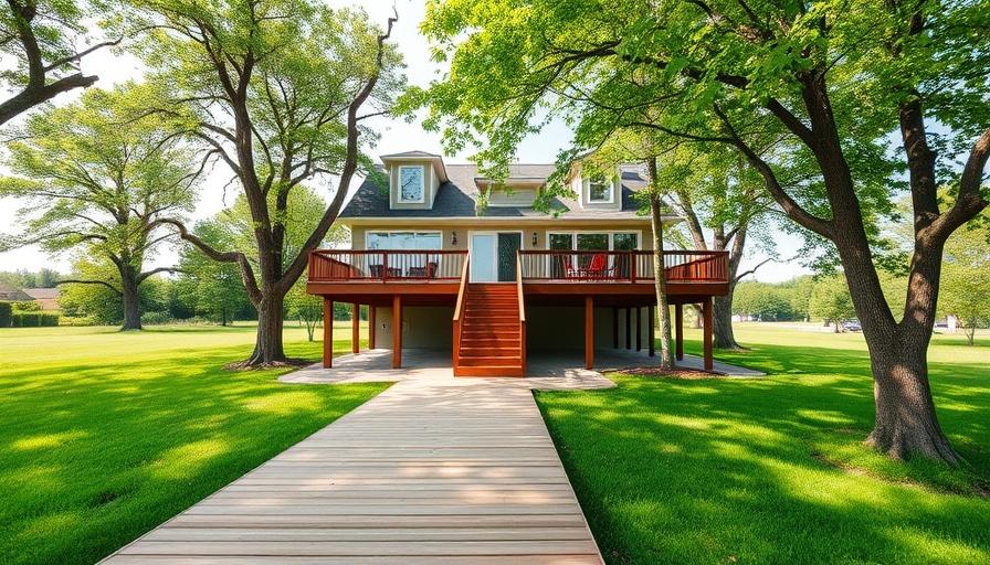 Elevated suburban house with deck and stairs in a green environment.