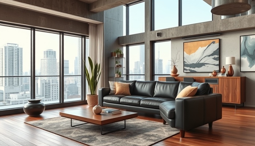 Modern living room with city view, highlighting urban interior design.