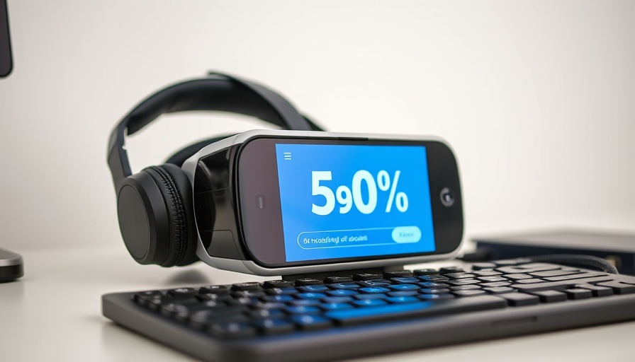 Virtual reality headset and keyboard on desk ad.