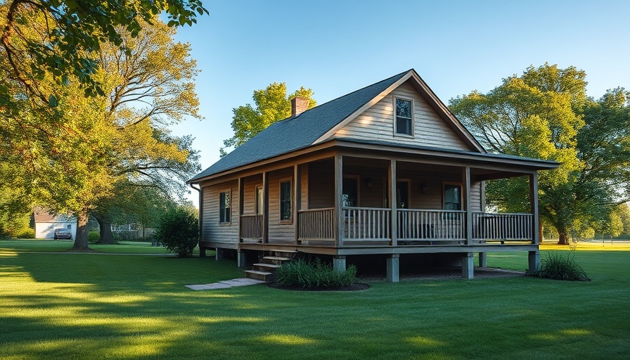 Rural home with elevated porch, greenery around, daytime.