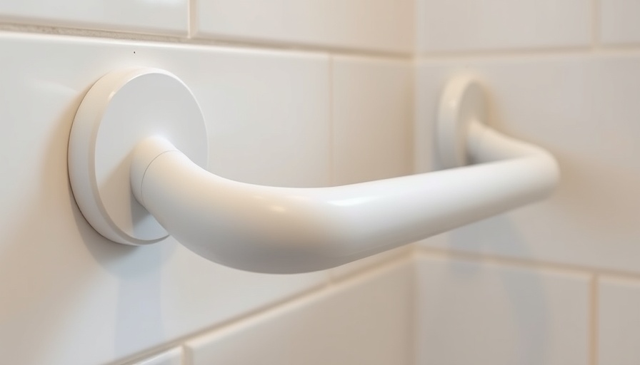 Close-up of a suction grab bar on a bathroom wall.