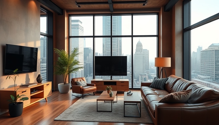 Modern city apartment living room with large windows and chic decor.