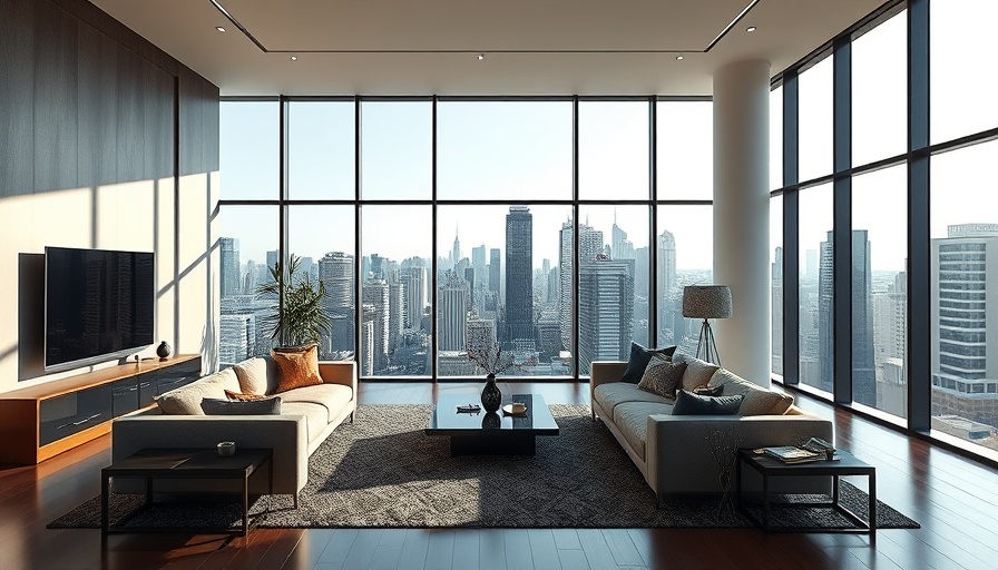 Minimalistic living room with city view and modern decor.