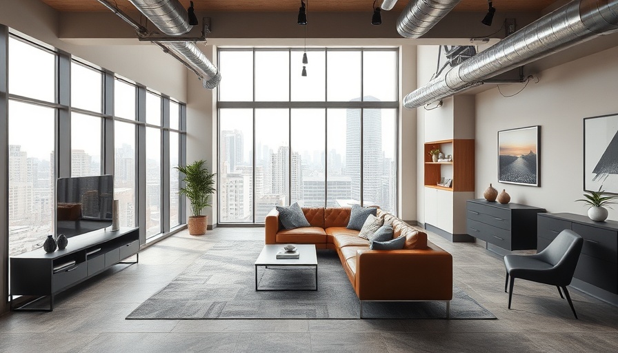 Modern basement living room with city view and contemporary design.