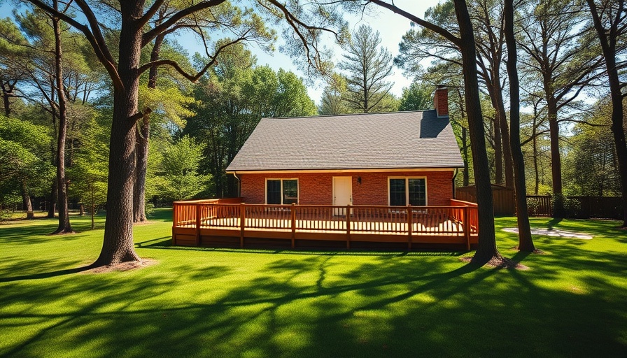 Raised brick house with wide wooden deck, surrounded by greenery