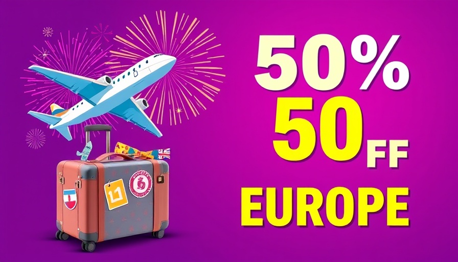 Colorful travel ad with airplane and suitcase, 50% Europe discount.