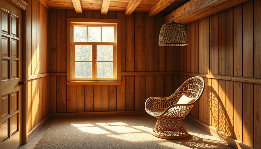 Cozy basement with wooden wall, woven chair, and lamp.