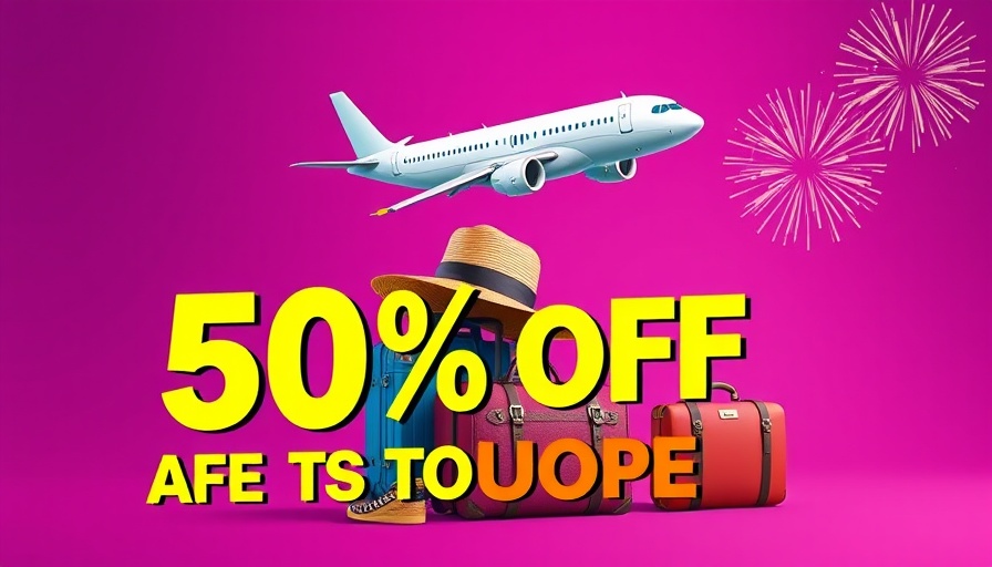 Travel ad with plane, luggage, hat, 50% off Europe.