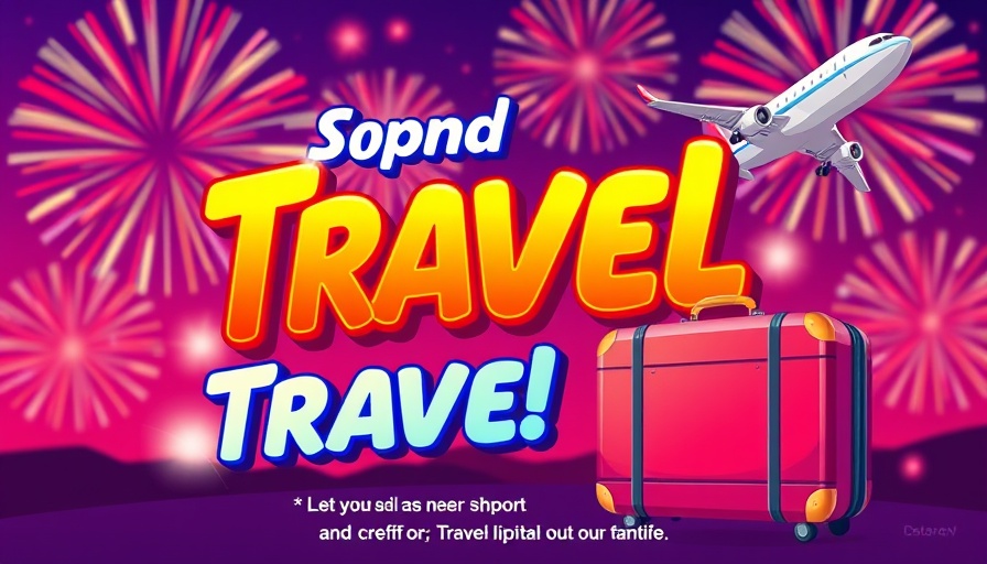 Colorful travel ad with fireworks, suitcase, airplane, vibrant design.