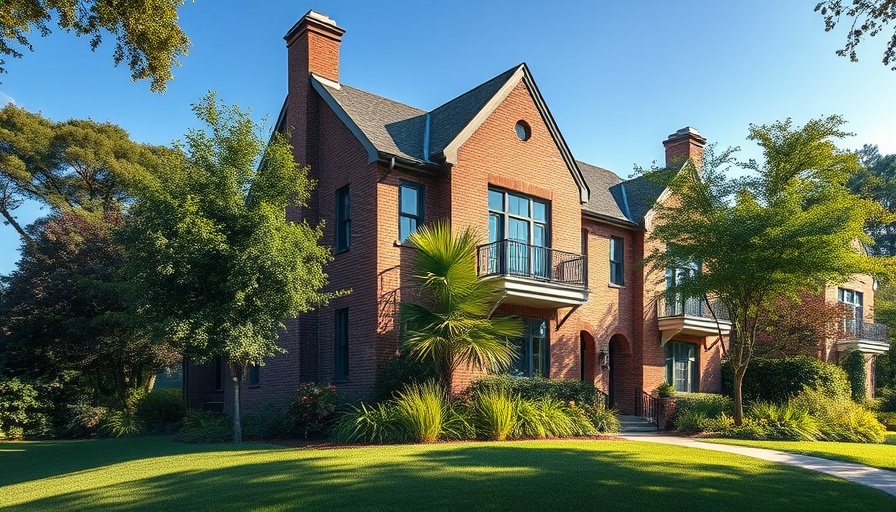 Elevated brick house with porch amidst trees showcasing structural flood prevention.