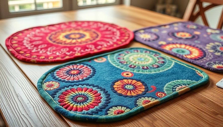 Vibrant DIY non-slip mats on a wooden table, showing colorful patterns.