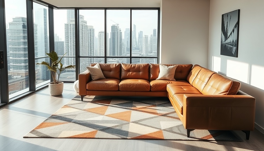Modern living room with city view and leather sofa.