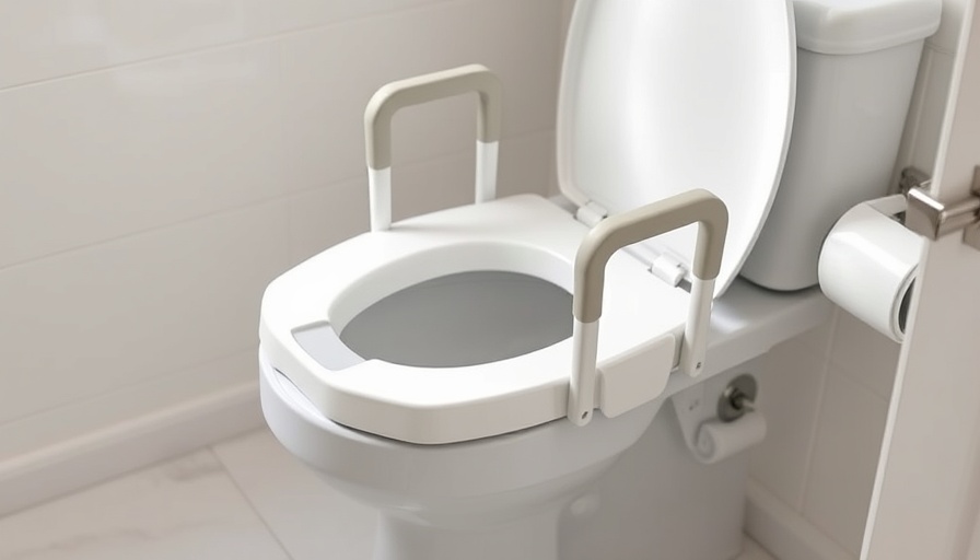 Ergonomic raised toilet seat with handles in a white bathroom setting.