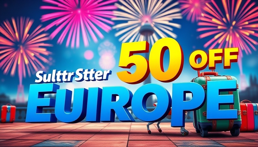 Colorful travel ad with luggage and 50% Europe offer.