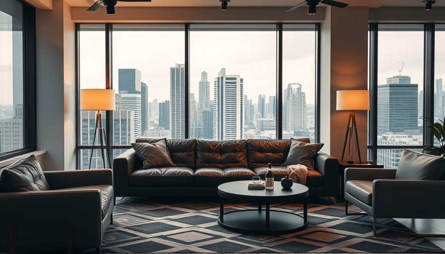 Stylish urban living room with city view, offering modern comfort.