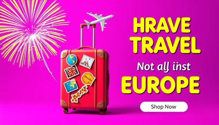 Colorful travel ad with suitcase and plane on purple background.