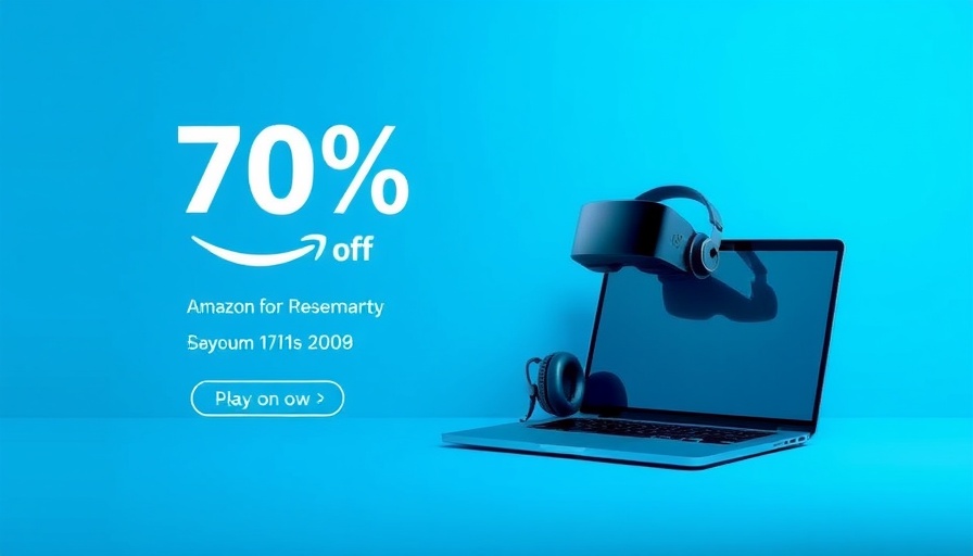 Amazon discount ad with electronics in blue theme.