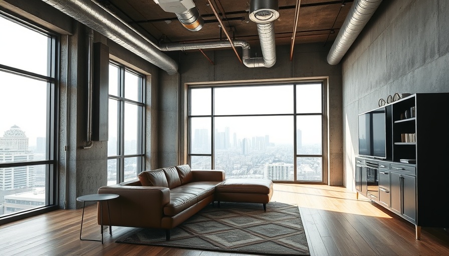 Stylish modern loft with exposed pipes and city view.