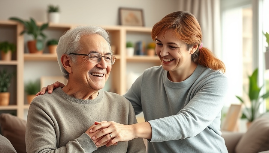 Caregiver assisting elderly man in cozy living room.
