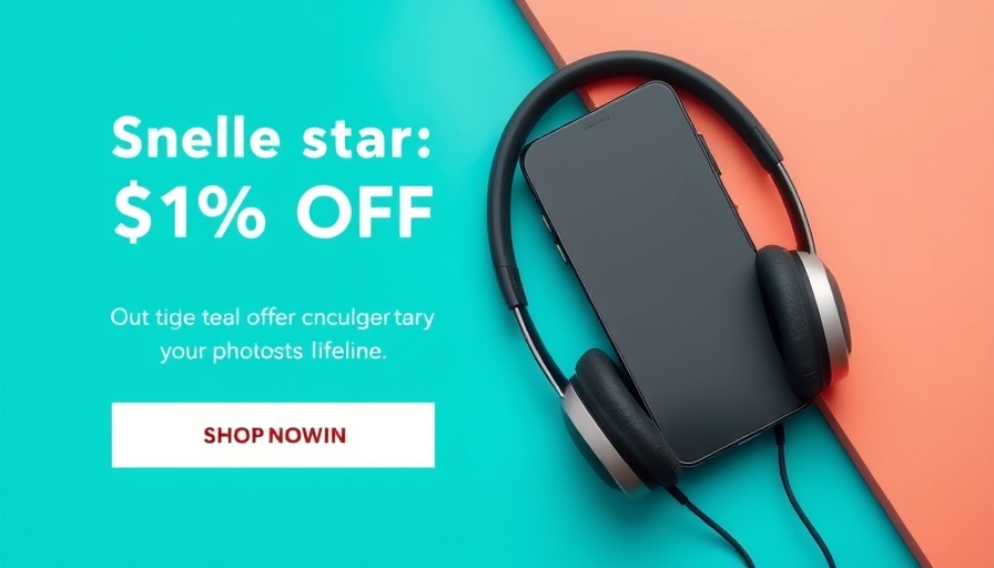 Ad banner with smartphone and headphones showcasing discount offer.