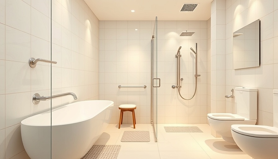 Modern bathroom with safety features and grab bars.