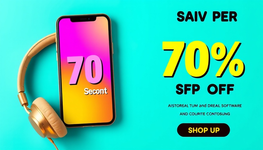 Ad banner with smartphone and headphones displaying discount.