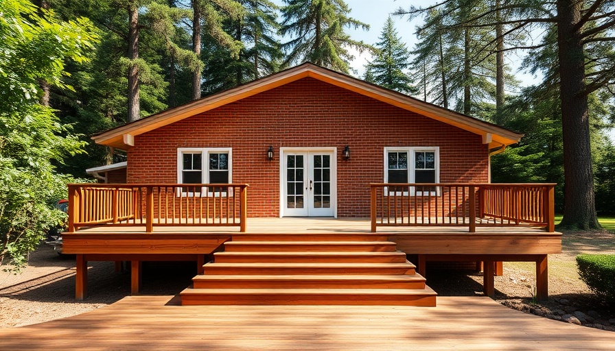 Spacious red brick house with elevated wooden deck in lush setting.