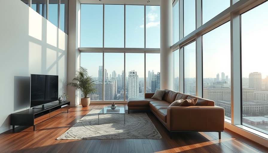 Modern apartment living room with city view and stylish decor.