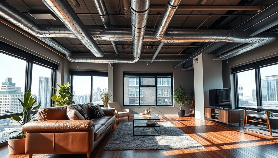 Modern living room with exposed pipes in a Brooklyn home.