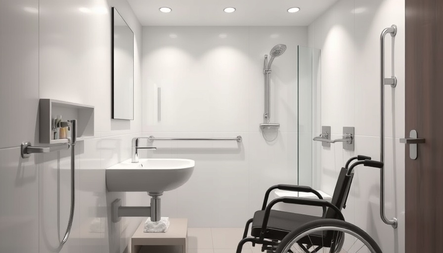 Modern bathroom illustrating sink heights for wheelchair accessibility.