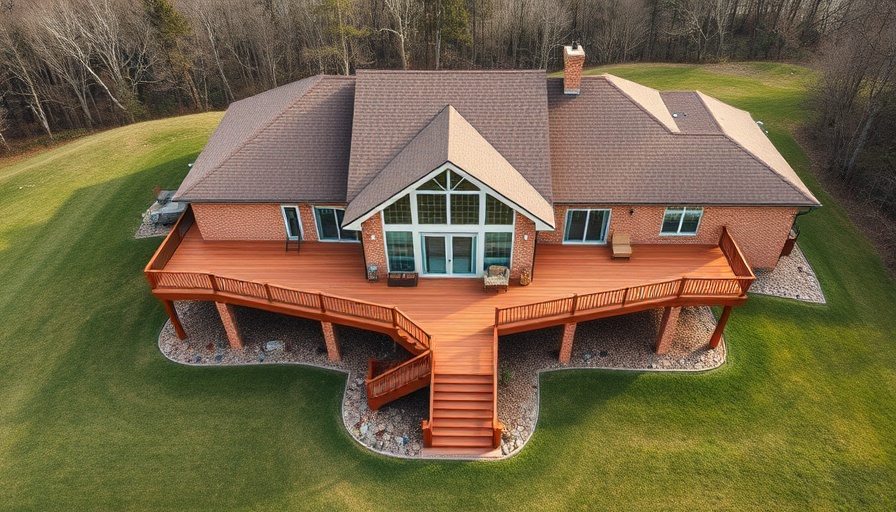 Elevated house with wooden deck, stairs, surrounded by greenery.