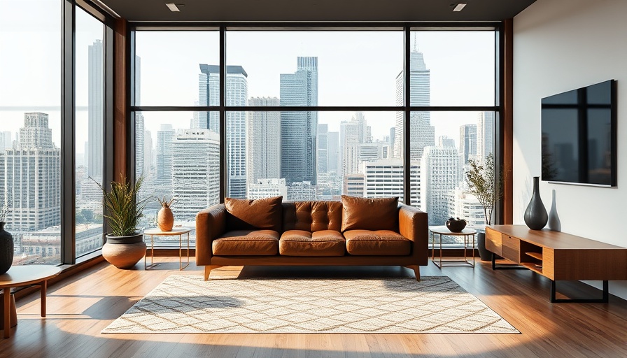 Modern living room with city view, focusing on legal and zoning considerations.