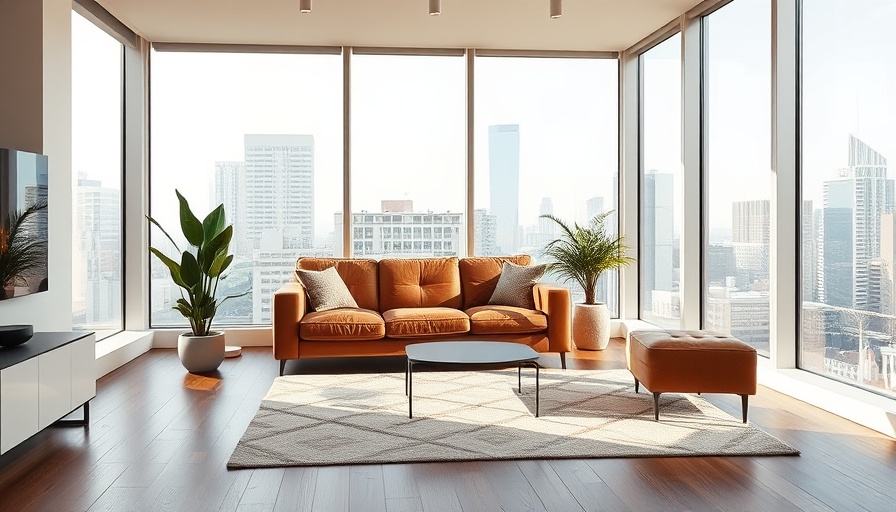 Modern urban apartment interior with large windows and leather sofa