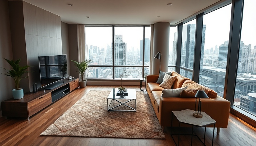 Modern apartment with a brown leather sofa and city view.