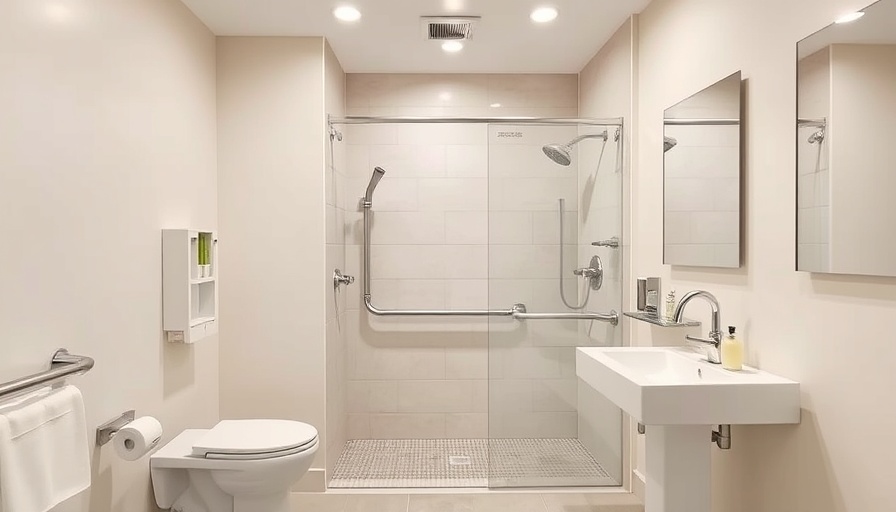 Modern bathroom with ADA-compliant design, featuring grab bars and walk-in shower.