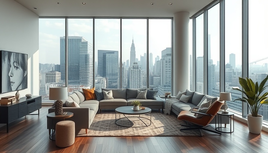 Modern living room with a view of Brooklyn skyline.