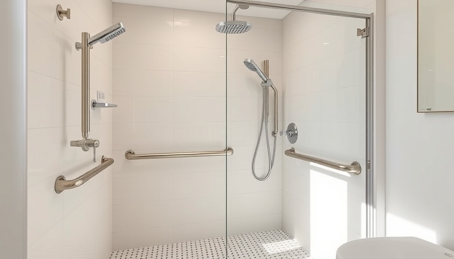 Modern accessible shower with grab bars and handheld showerhead.