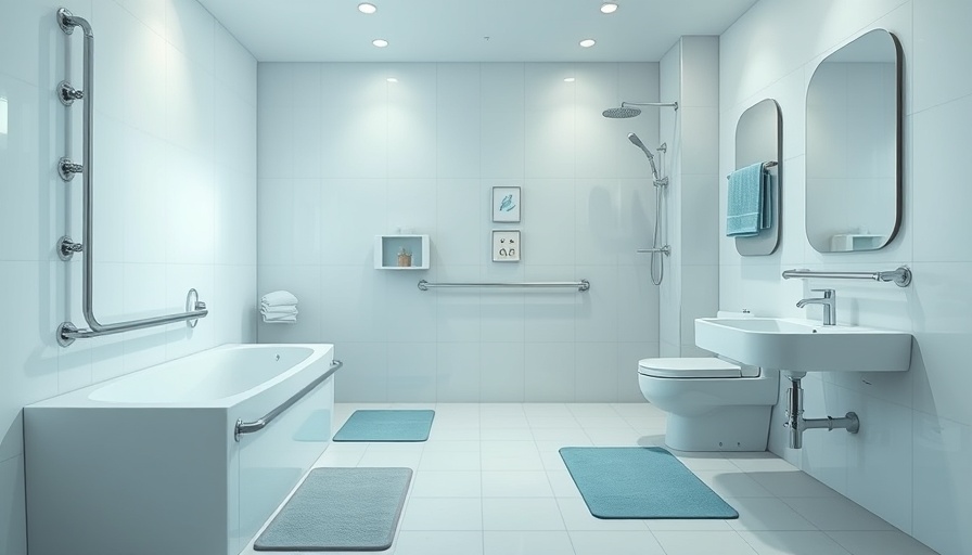 Modern bathroom showcasing safety features like grab bars and mats.