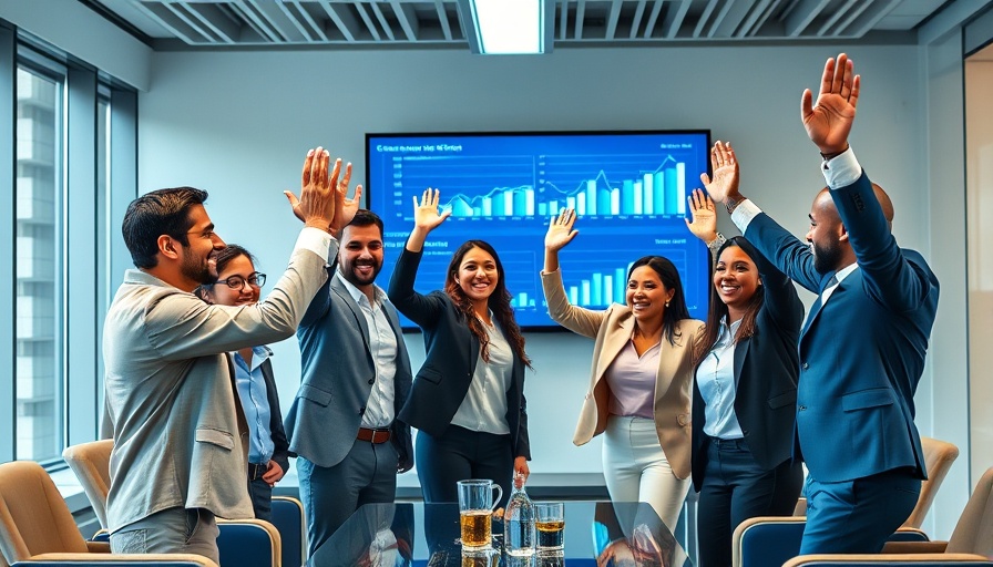 Diverse professionals celebrating success in modern conference room.
