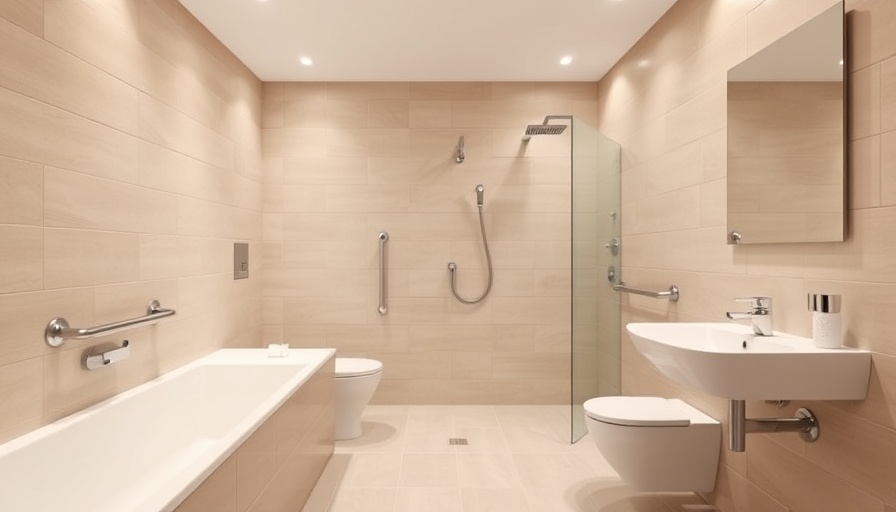 Bathroom with senior safety modifications, featuring handrails and non-slip flooring.