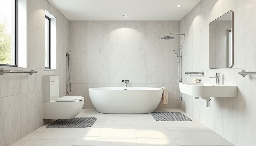 Modern bathroom with safety features like grab bars and non-slip mats.