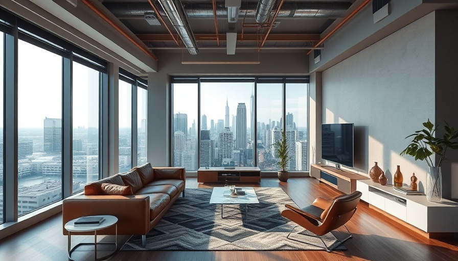Modern urban apartment with minimalist decor and city view.