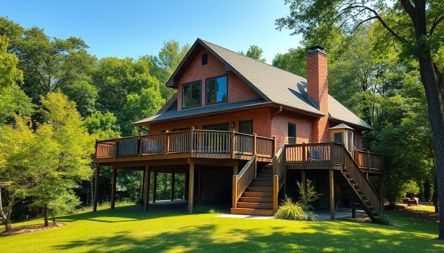 Elevated brick house with deck, surrounded by trees and grass.