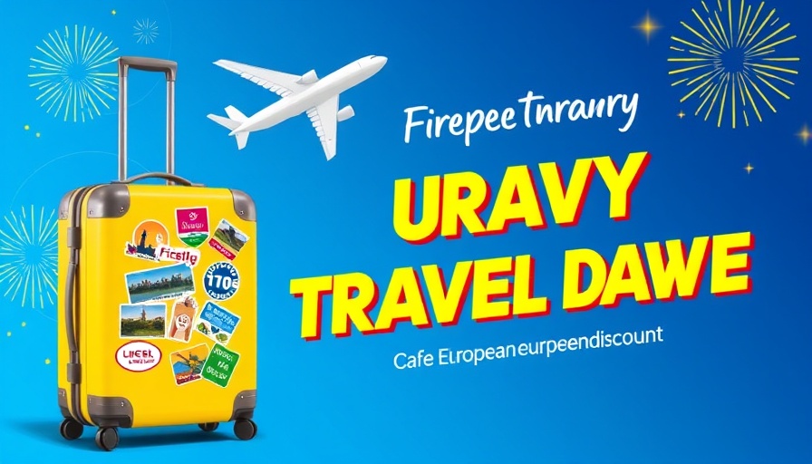 Travel advertisement with suitcase and airplane in vibrant style.